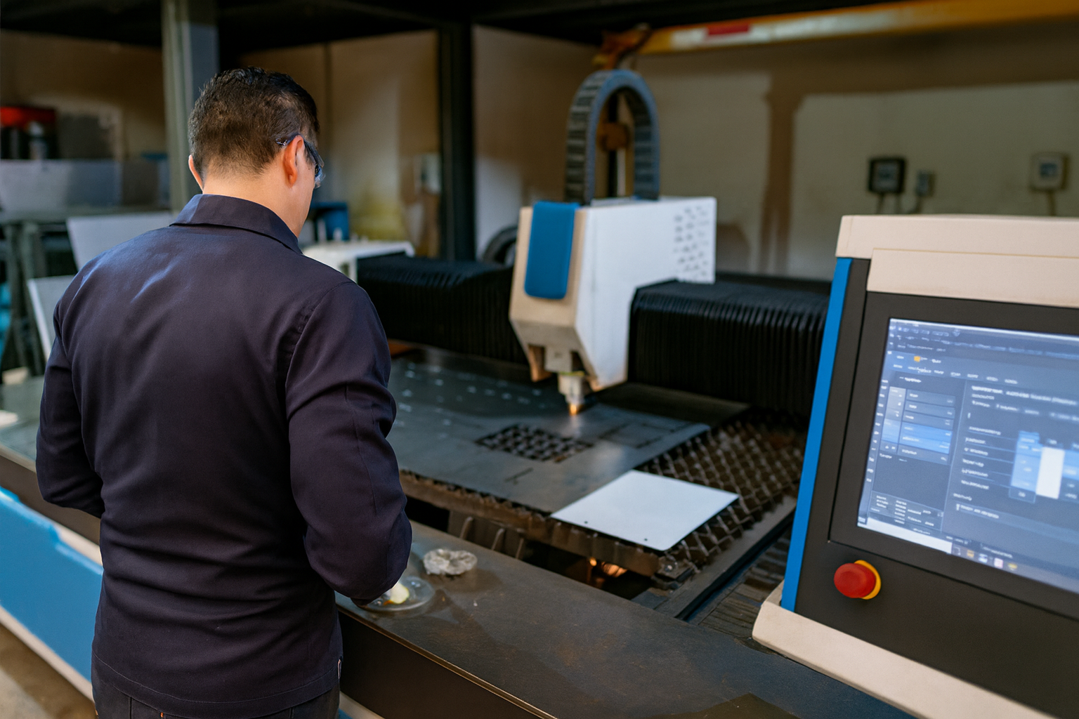 Arbeiter bedient Laserschneidanlage